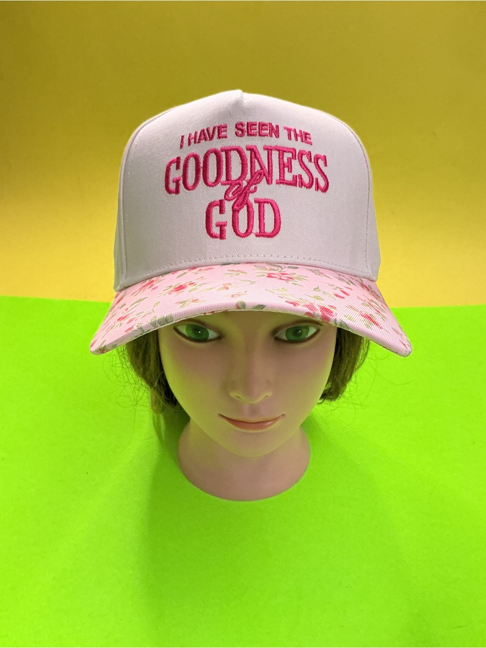 Pink Floral Brim Trucker Hat - "I Have Seen the Goodness of God"